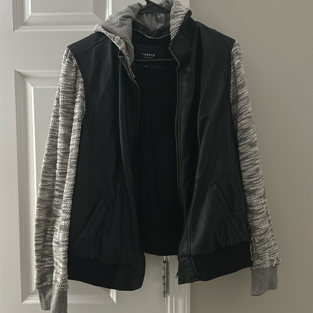 Torrid Black Faux Leather & Marled Grey Terry Bomber Jacket